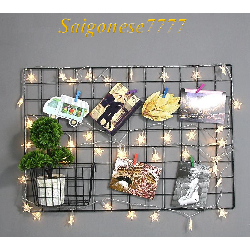 Combo Khung Hình Lưới Sắt+ Đèn Led Xài Pin Dài 3M 20 Bóng Đèn Ngôi Sao Kẹp Hình Nghệ Thuật Trang Trí Decor Nhà