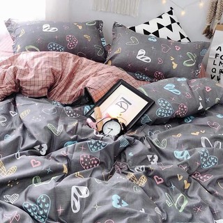 set chăn ga gối poly cotton mẫu tim xám ga caro hồng đỗ