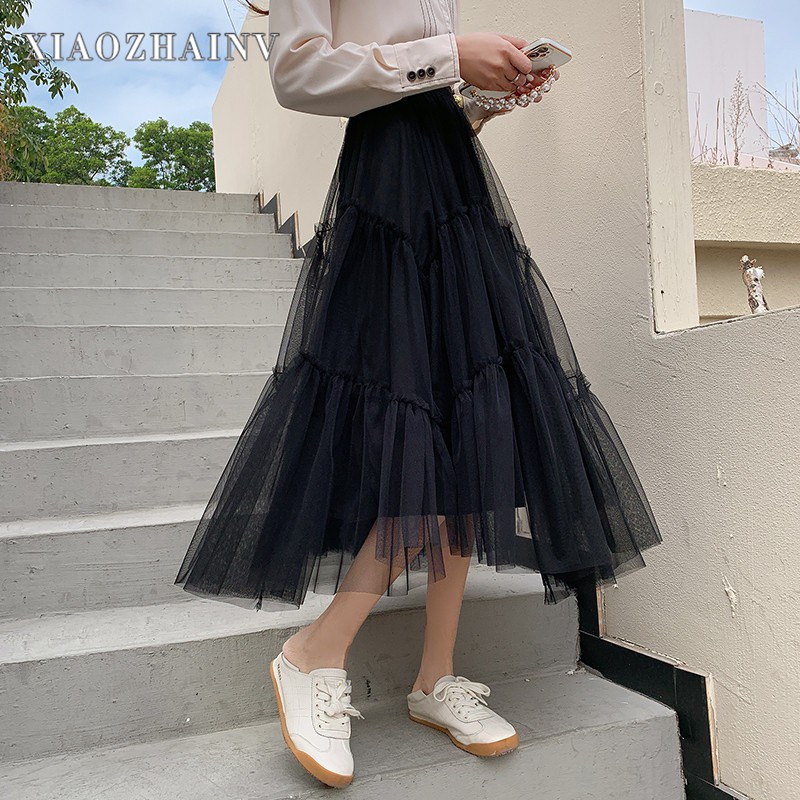 Xiaozhainv Chân váy chiffon dáng dài lưng cao màu trơn thời trang phong cách Hàn Quốc | BigBuy360 - bigbuy360.vn