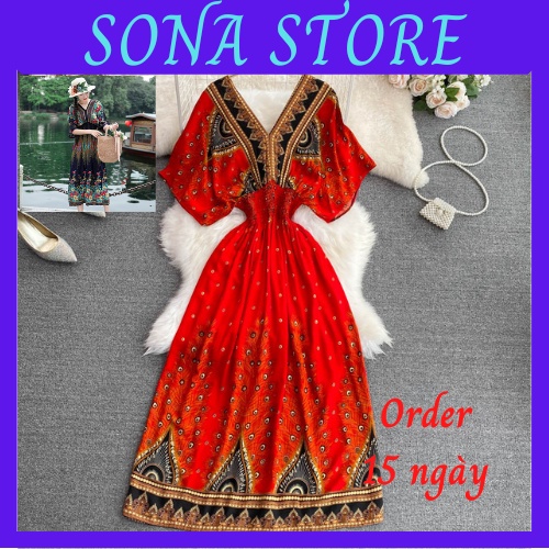 Váy maxi hobo bigsize dáng dài đi biển cổ v eo chun đầm hoạ tiết thổ cẩm vải lanh mát sang chảnh tiểu thư bánh bèo P1
