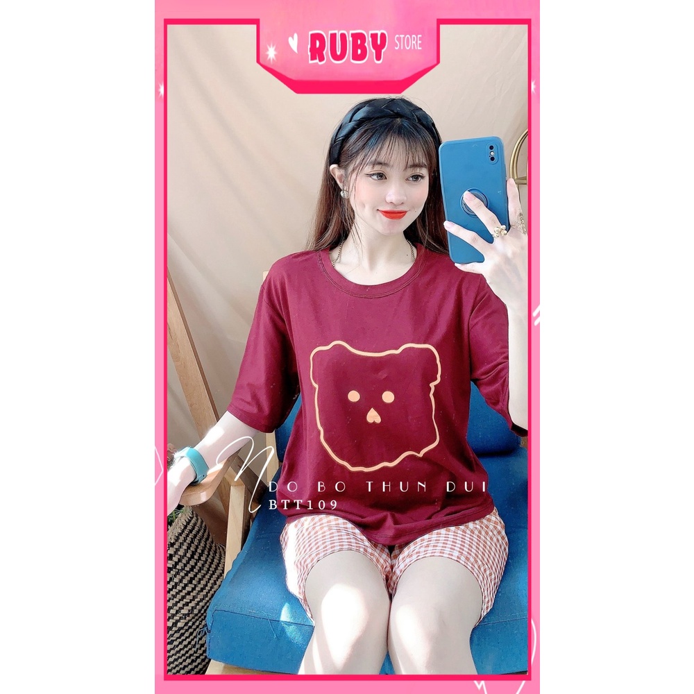Đồ bộ nữ mặc nhà chất thun mềm mịn mát in hình gấu phối quần caro dễ thương BTT109