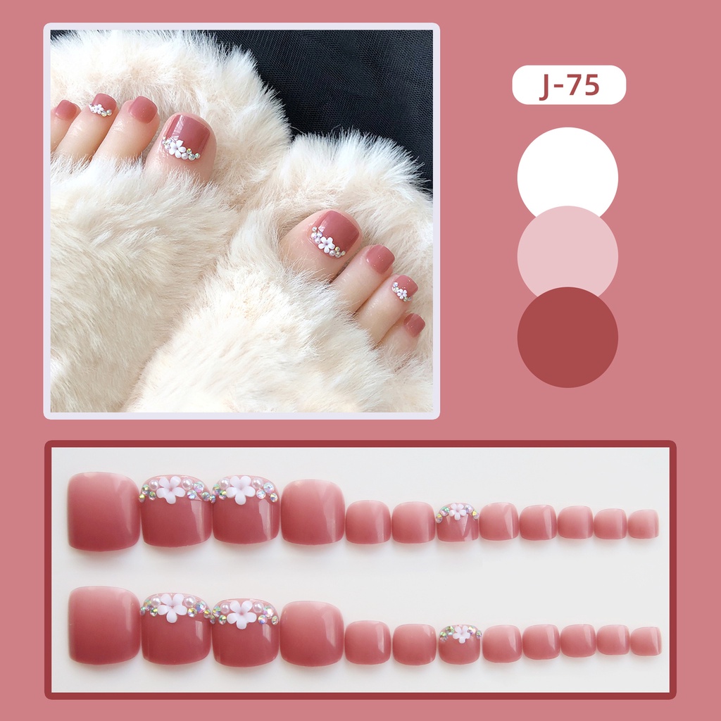 Bộ 24 móng chân giả Jojo móng giả đính hoa đá J75 nail box rẻ đẹp sang chảnh kute kèm keo gắn tự làm tại nhà