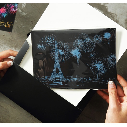 Tranh Bella925 postcard phong cảnh combo 4 tranh cạo khổ A5 tặng kèm 2 bút gỗ