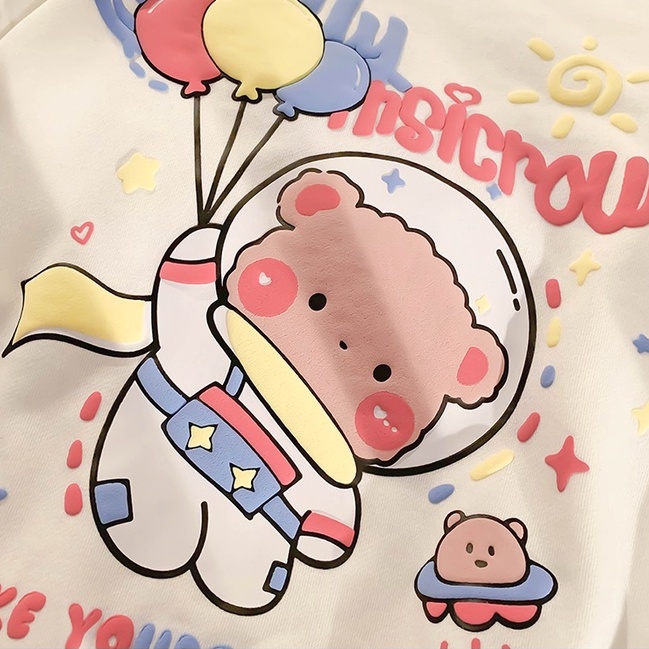 【ZHELIHANGFEI】Áo Thun Tay Dài Dáng Rộng In Hình Gấu Phi Hành Gia Dễ Phối Đồ