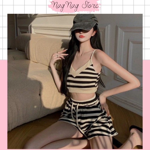 Set hai món áo 2 dây + quần sooc kẻ sọc ngang Nagnagstore chất cotton mát