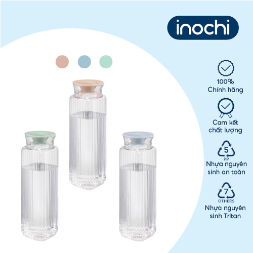 Bình nước Inochi - Yama 1.2L, 1.3L thân Trắng trong + nắp Xanh nhạt/Xanh trà/Hồng đậm