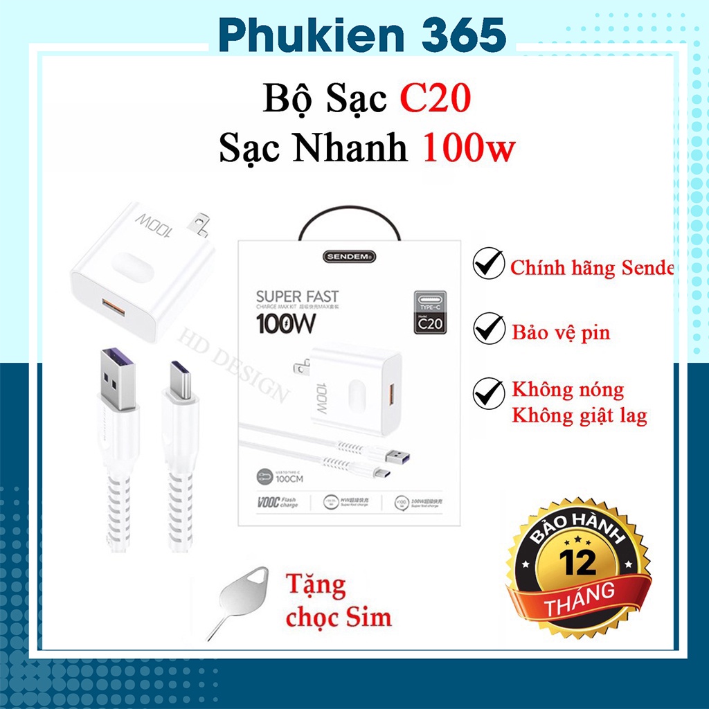 Bộ Củ Cáp Sạc Nhanh Type-C C20 100W Chính Hãng SENDEM , Bộ Sạc Nhanh 100W Dành Cho Điện Thoại Android - Phukien 365