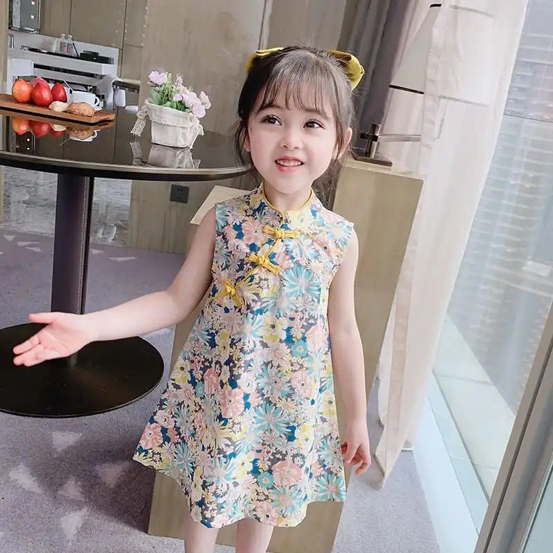Đầm Sườn Xám Ngắn Tay Thời Trang Cho Bé Gái 1-9 Tuổi