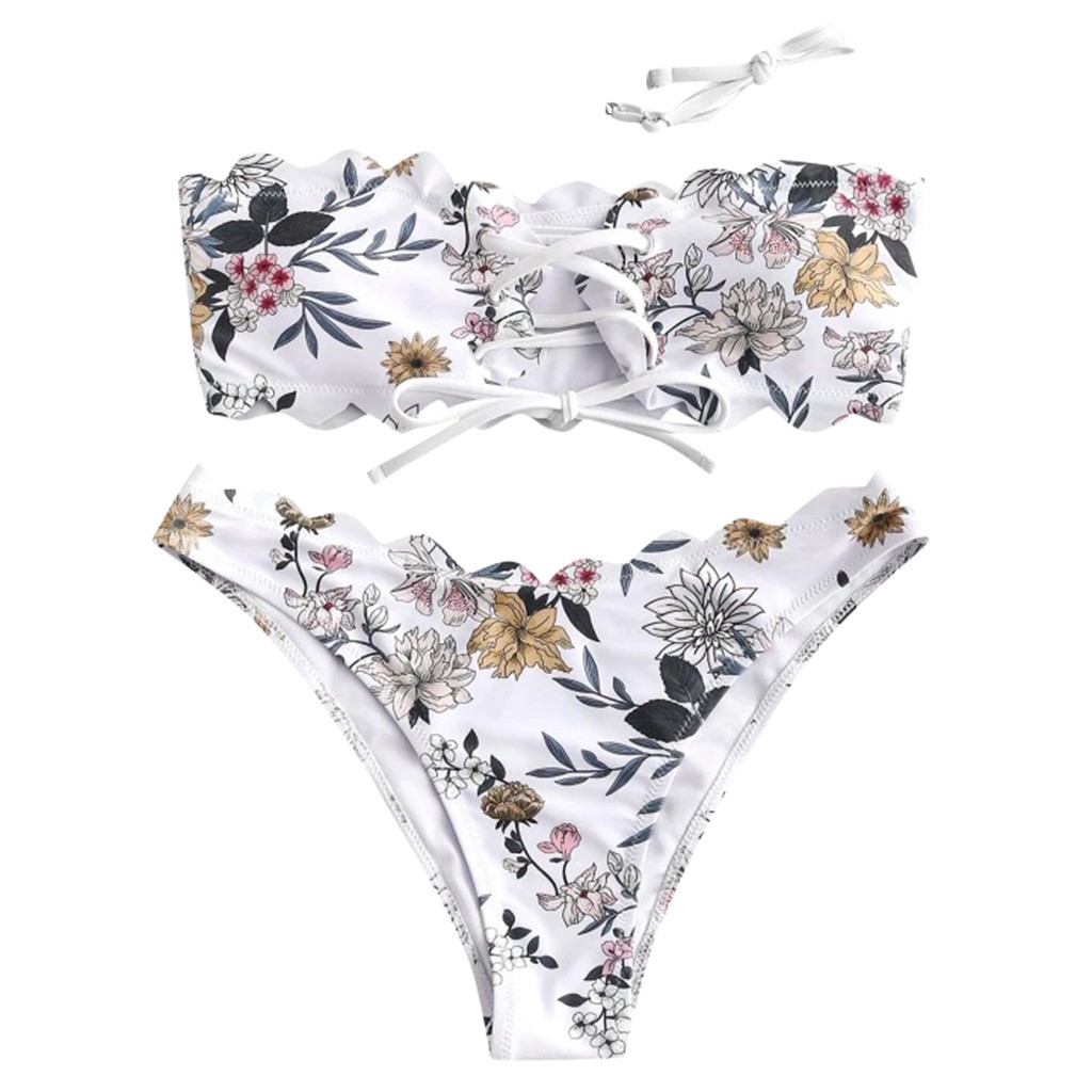 Bộ đồ bơi bikini nâng ngực in hoa phối dây buộc cho nữ | BigBuy360 - bigbuy360.vn