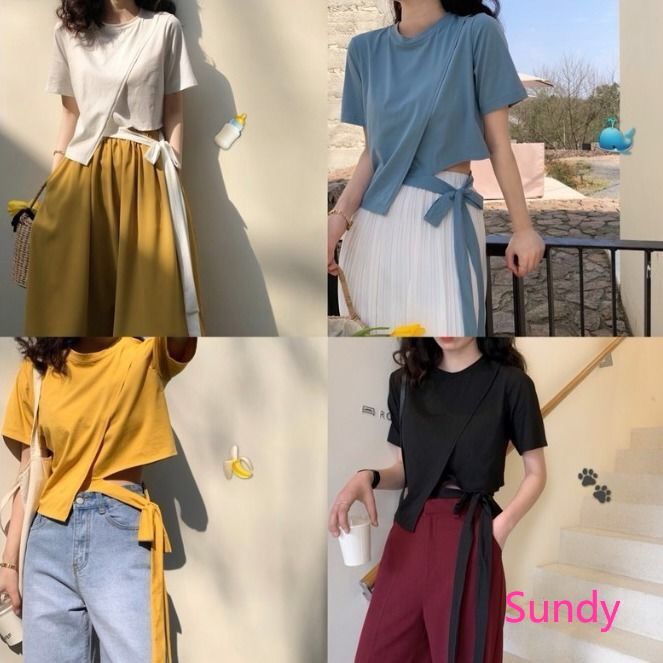 Áo thun thiết kế buộc dây lệch tà trẻ trung cho nữ
