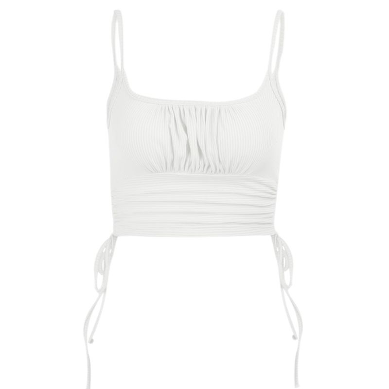 Xiangbao Áo Crop Top Hai Dây Xếp Ly Ôm Dáng Màu Trơn Có Gân Dây Rút Bên Hông Gợi Cảm Cho Nữ