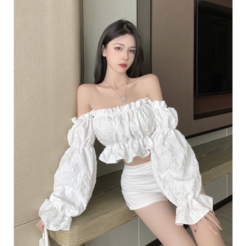 Áo bẹt vai tay bồng nhún eo xinh b5