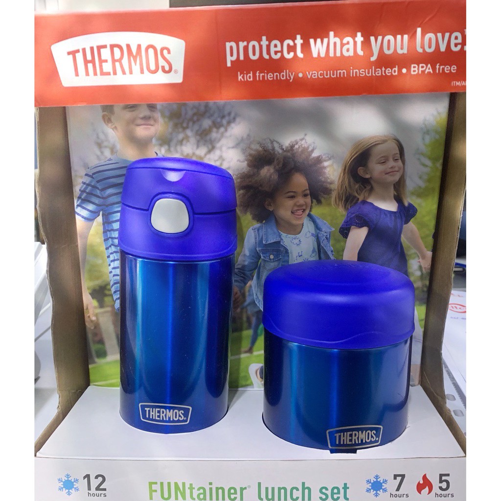 Set bình + hộp đựng thức ăn giữ nhiệt cho bé Thermos Funtainer Lunch Set 355ml + 290ml (Màu xanh)