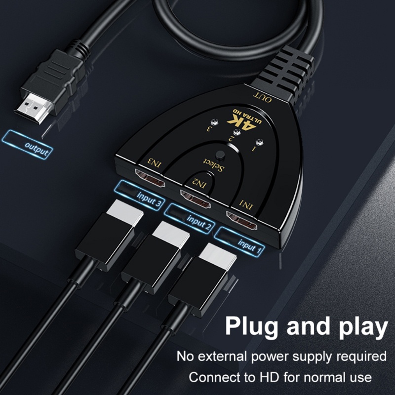 Công tắc 3x1 HDMI hỗ trợ 4K HD 3D với cáp tốc độ cao màu đen