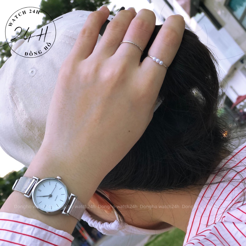 Đồng hồ nữ QUARTZ dây thép mặt tròn size nhỏ dây lỗ, dễ phối đồ cực xinh