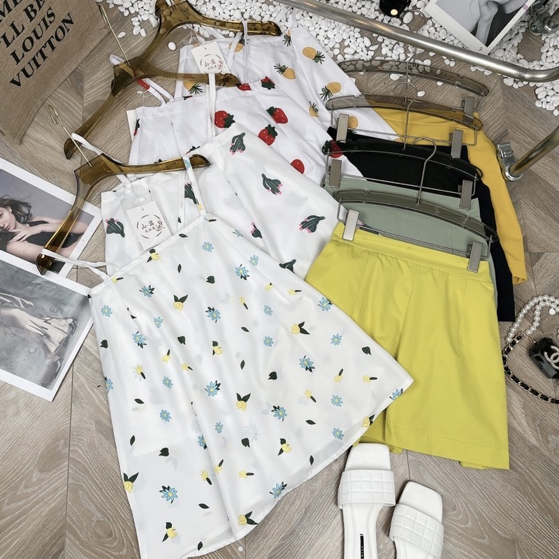 Set aos 2 dây hoa quả mix quần sooc đùi nhiều màu chất thô đũi Bộ 2s hở vai