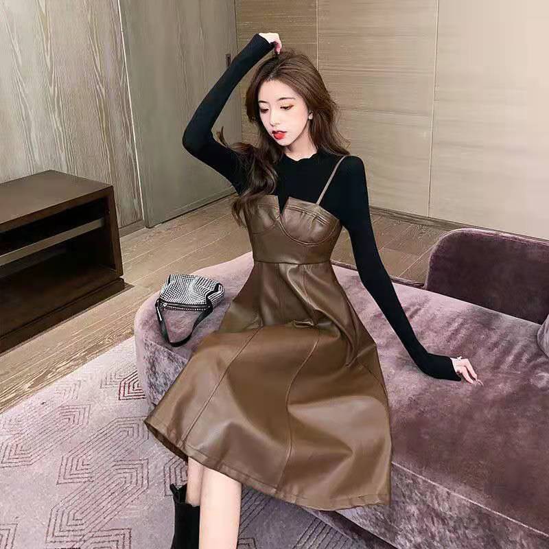 Váy đầm da dáng xòe hai dây retro trẻ trung sành điệu