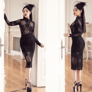 Đầm ren đen hoạ tiết tay dài ôm body tuyệt đẹp