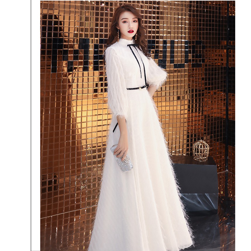 Đầm dạ hội dự tiệc dài lông commuter phong cách Pháp bigsize màu trắng thắt eo giá rẻ tốt đẹp | BigBuy360 - bigbuy360.vn