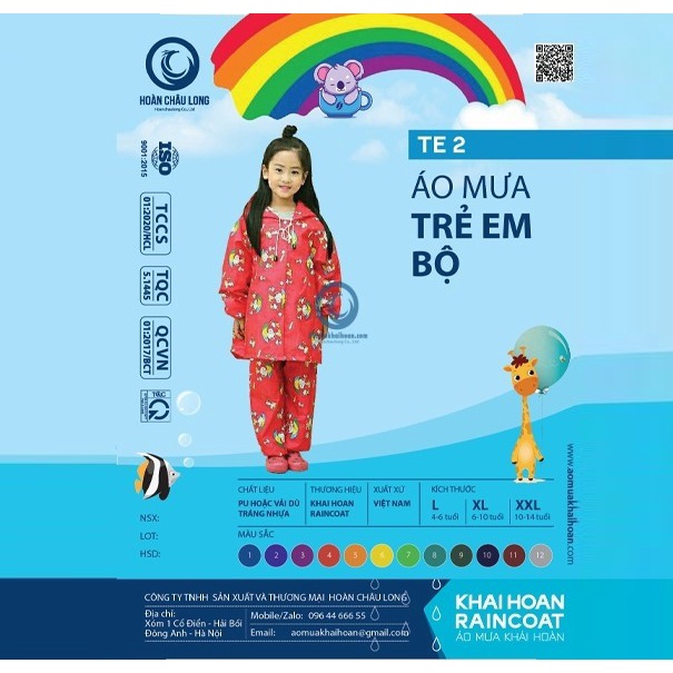 Áo mưa bộ trẻ em KHAHOCO cao cấp chất vải dù chống thấm, Bộ áo đi mưa cho bé nhiều màu sắc hình ảnh ngộ nghĩnh