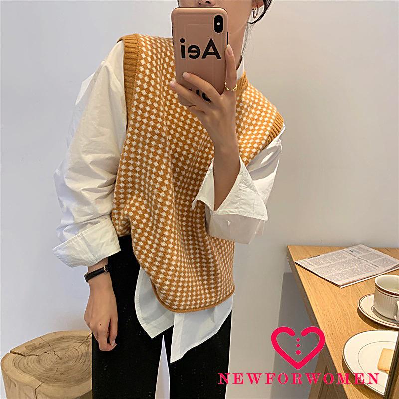 Áo Dệt Kim Sát Nách Cổ Tròn Dáng Rộng Màu Sắc Tương Phản Thời Trang Mùa Thu Cho Nữ