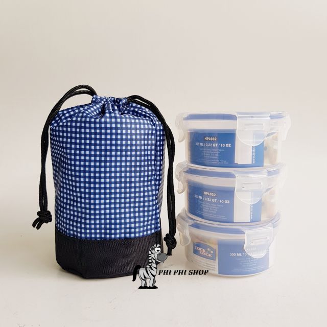 Bộ túi đựng 3 hộp nhựa 300ml khóa 4 chiều Lock&Lock , kín nước mang đi