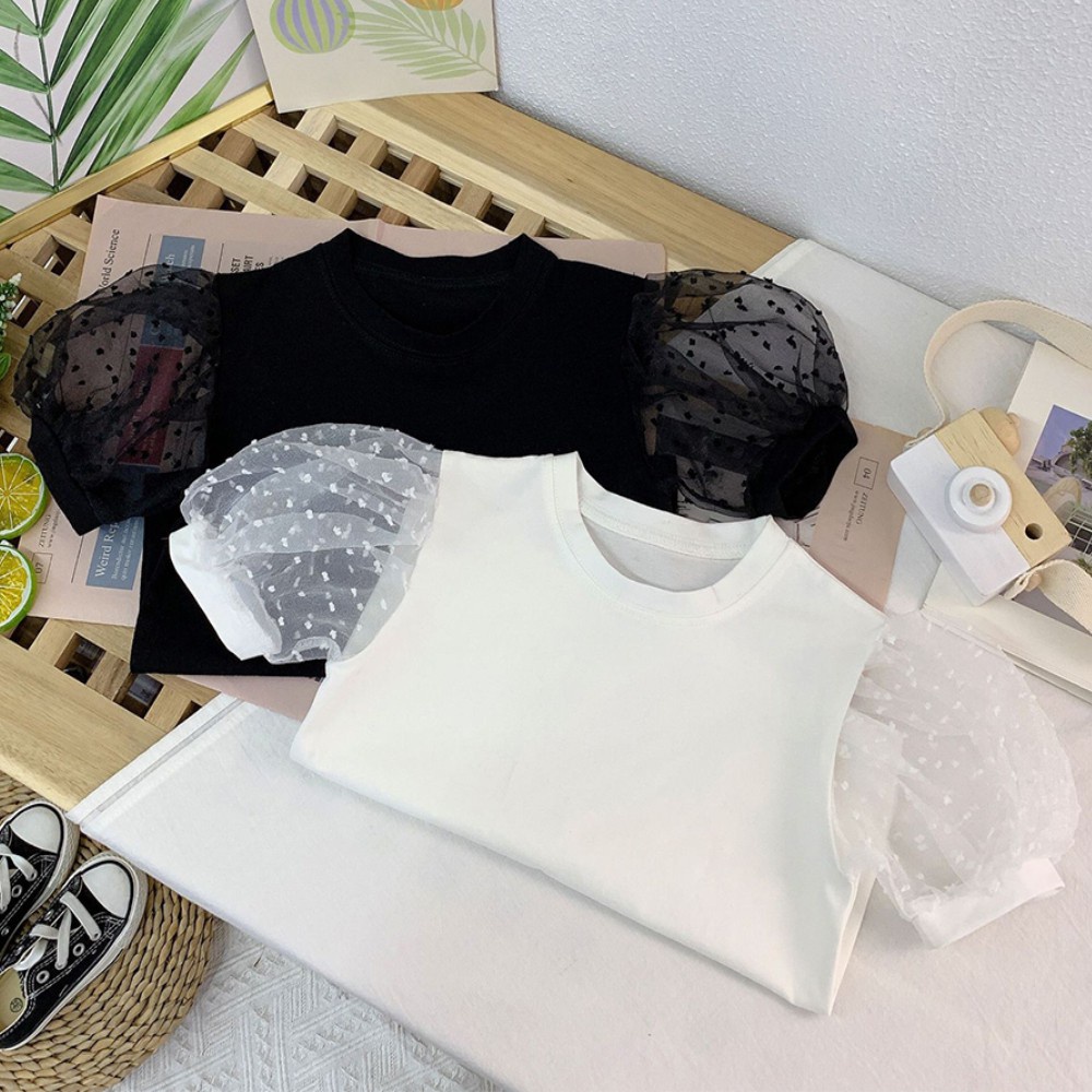 Áo Thun Tay Ngắn Phồng Phối Lưới Họa Tiết Chấm Bi Dễ Thương Thời Trang Mùa Hè Cho Bé Gái