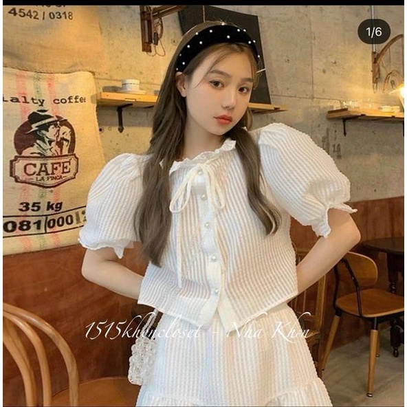Set áo trắng tay phồng chân váy midi xoè