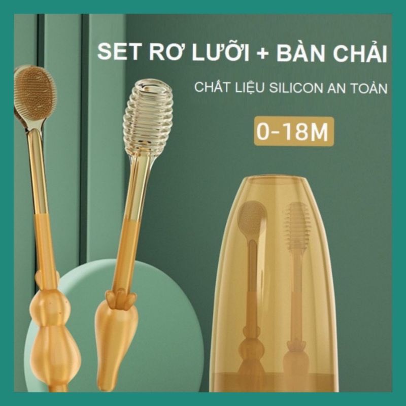 Bộ rơ lưỡi + bàn chải silicon vệ sinh răng miệng cho bé 0-18 tháng