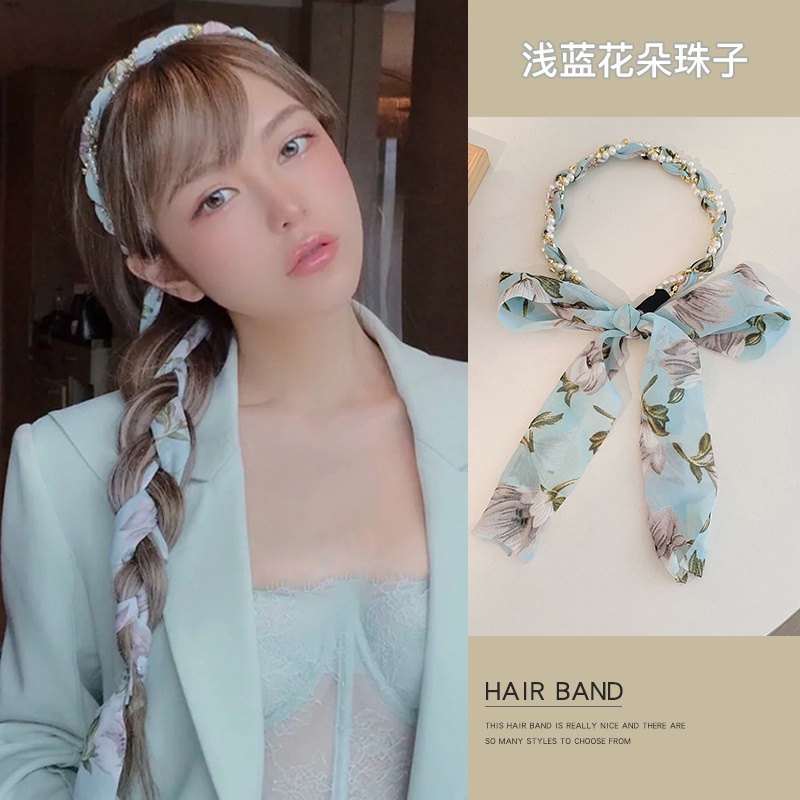 Băng đô cài tóc có ruy băng thắt bím họa tiết hoa phong cách Hàn Quốc dành cho nữ