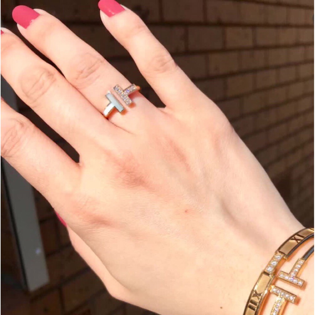 Nhẫn hở mặt chữ T đôi mạ vàng hồng 18K đính đá thời trang