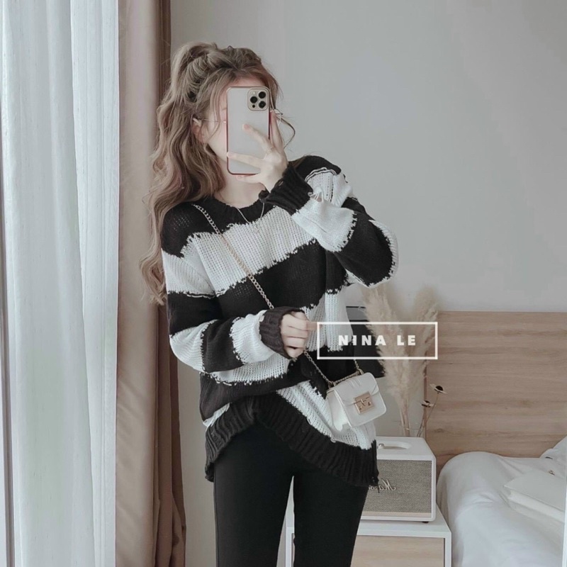 Áo len sọc trắng đen tay dài chị Nina Lê mặc siêu cưng LOTUS SHOP ơi