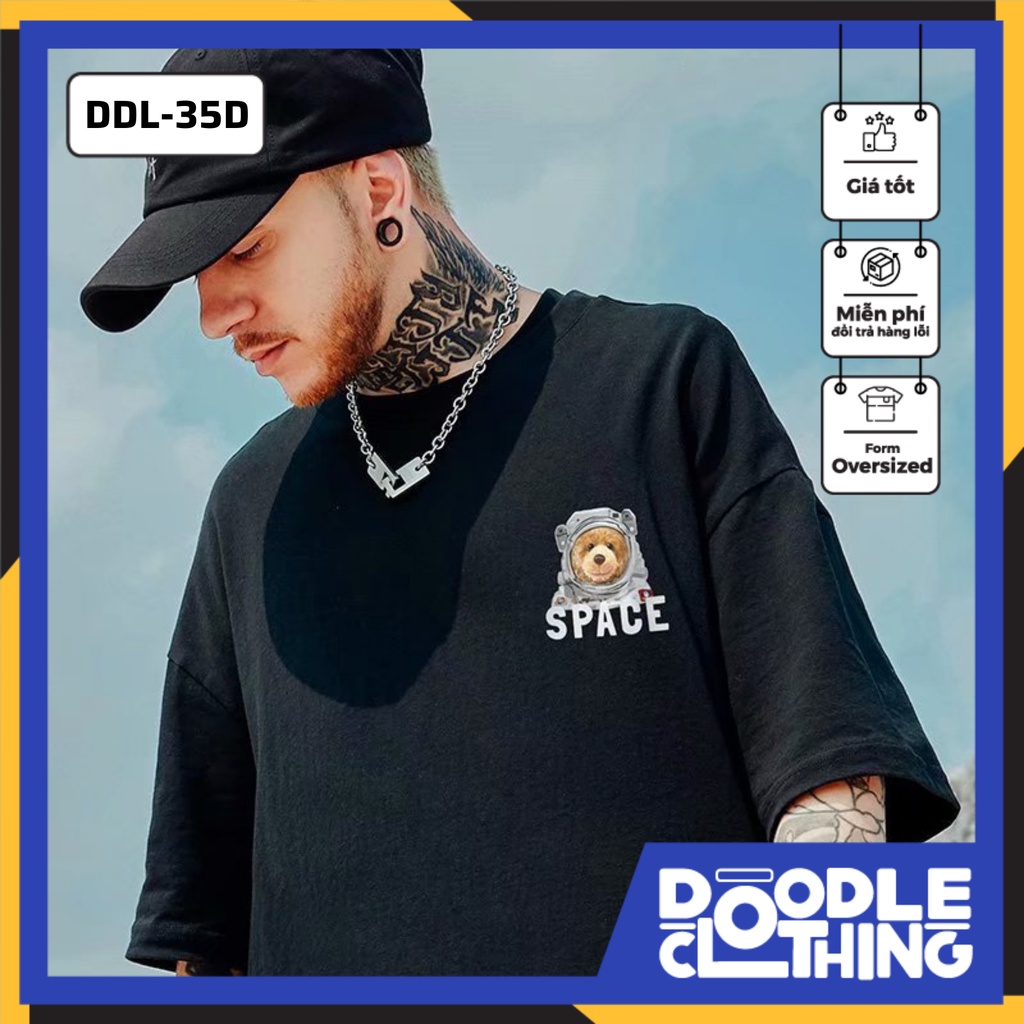 Áo thun nam nữ tay lỡ unisex form rộng logo hình gấu vũ trụ