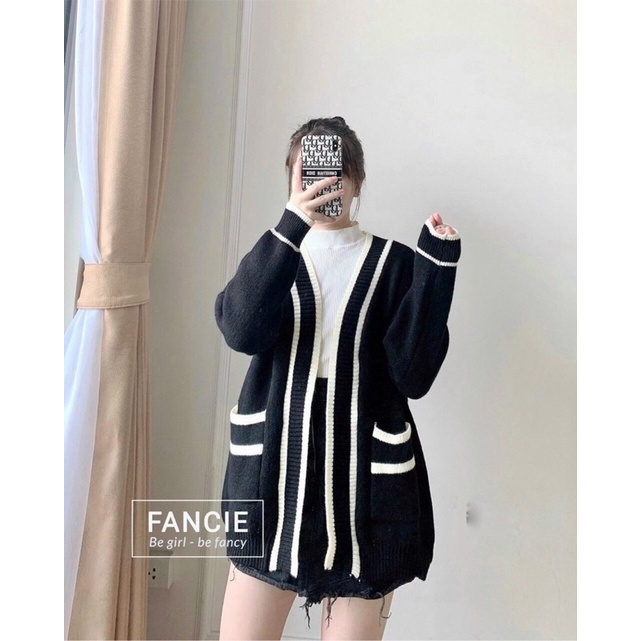 Áo Cardigan Len Nữ Dày Sọc Đen Trắng Có Túi, Cadigan Kẻ Kim Cương Ulzzang Hàn Quốc