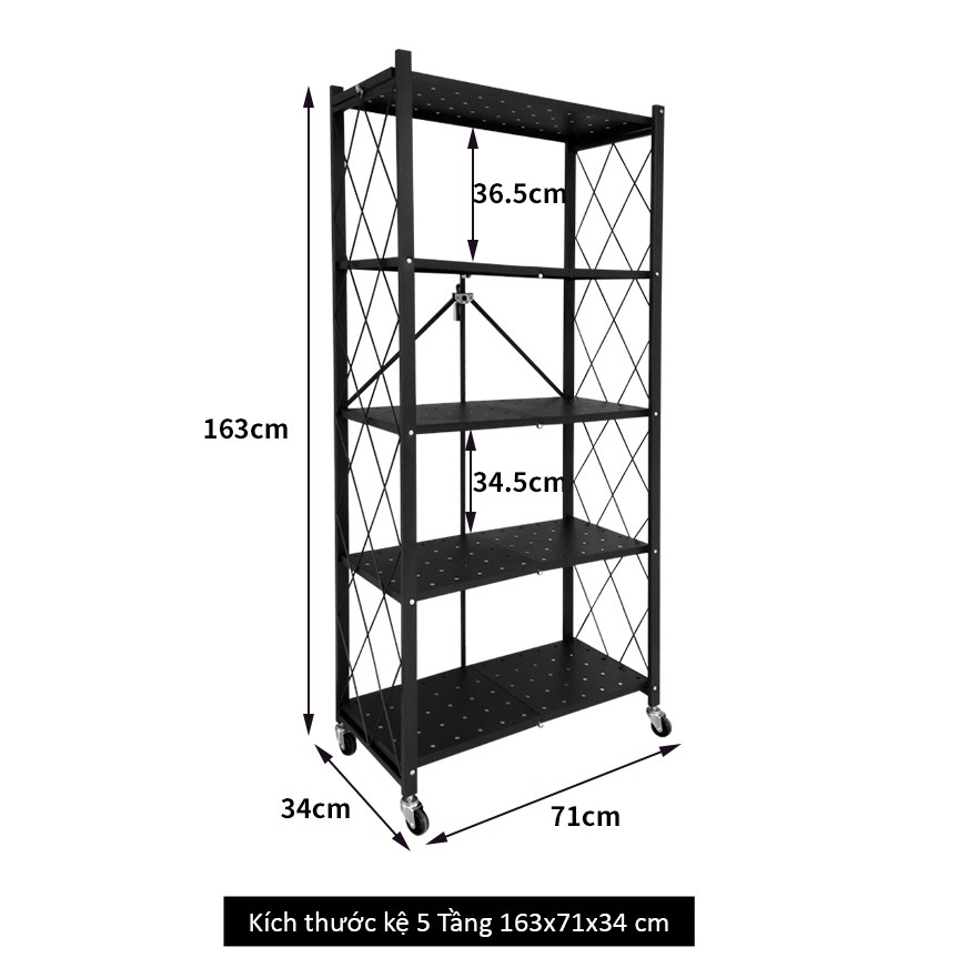 Kệ Sắt Thông Minh xếp gọn [5 TẦNG] Có bánh xe đẩy xoay 360 độ linh hoạt - Thép Sơn tĩnh điện.