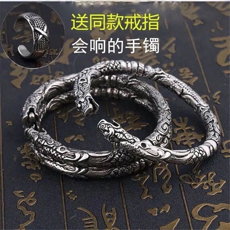 Vòng Tay Hai Lớp Mạ Bạc Khắc Hình Đầu Rồng Phong Cách Retro Cho Nam Nữ