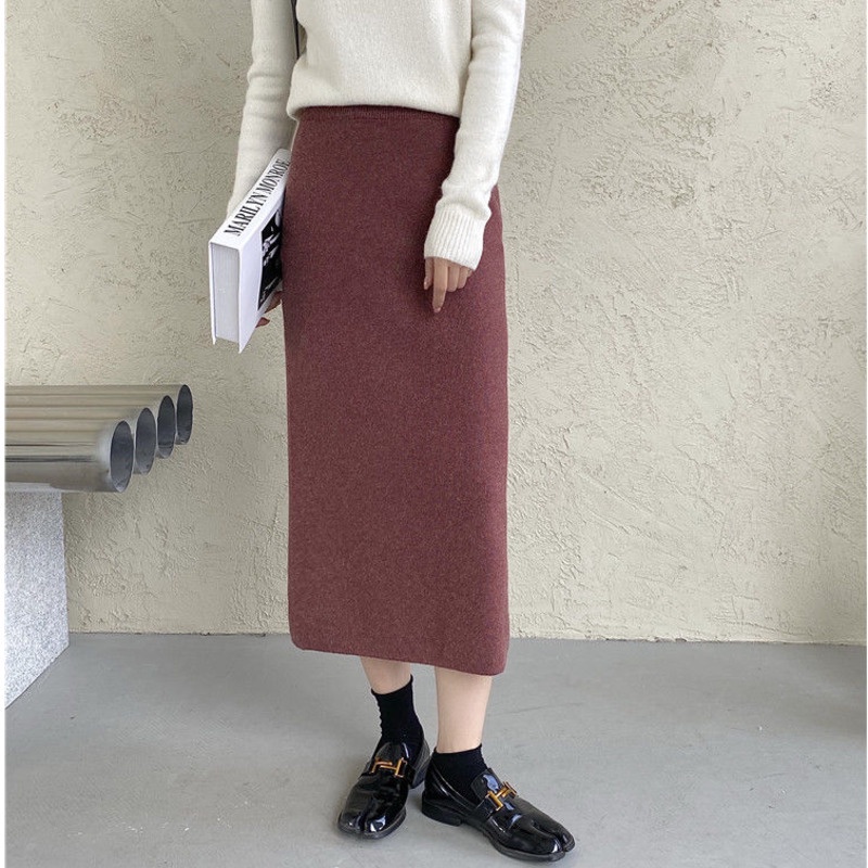 Chân Váy Dệt Kim Dáng Chữ A Lưng Cao Xẻ Tà Thời Trang Thu Đông Hàn Quốc