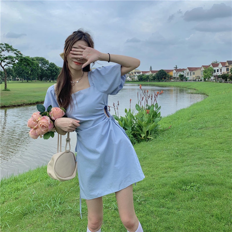 Đầm Tay Phồng Cổ Vuông Thiết Kế Mới Xinh Xắn Thời Trang Mùa Hè Dành Cho Nữ