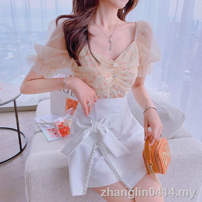 Áo chiffon tay ngắn phối lưới họa tiết hoa ngọt ngào phong cách phương tây thời trang mùa hè mới cho nữ