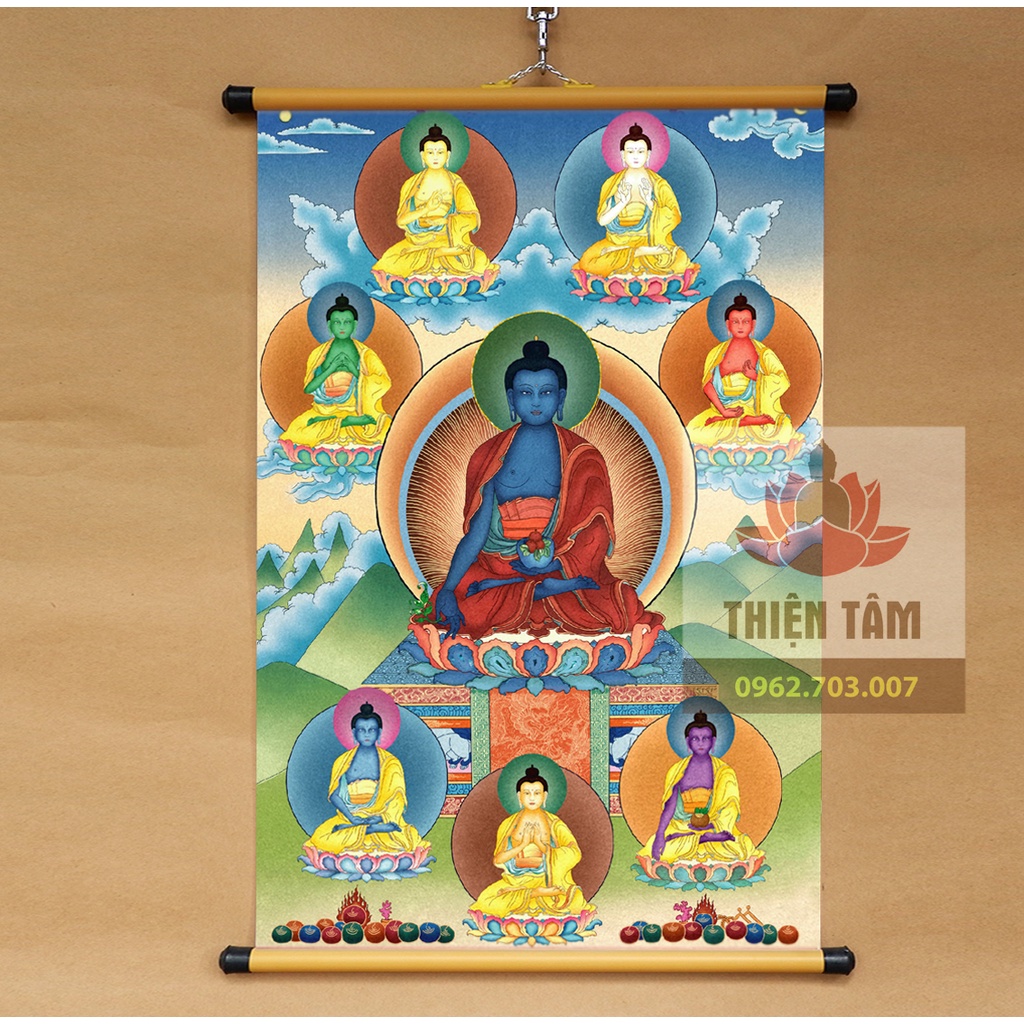 Tranh Thất Phật Dược Sư Mật Tông Thangka (7 Vị Phật Dược Sư) 40x60cm treo tường bằng vải cao cấp dày dặn