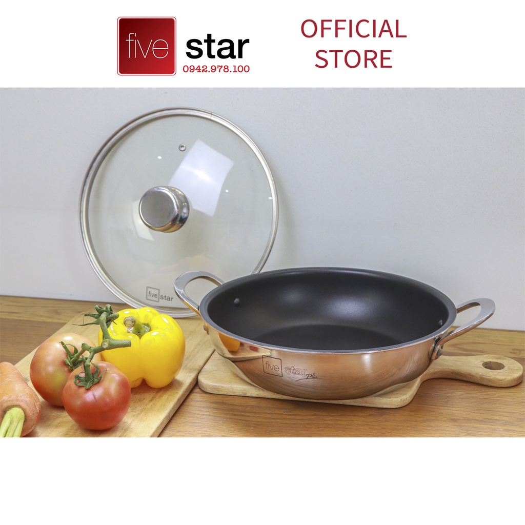 Chảo chống dính cao cấp Fivestar 2 quai có nắp kính 18cm / 22cm /26cm , tặng 5 muỗng