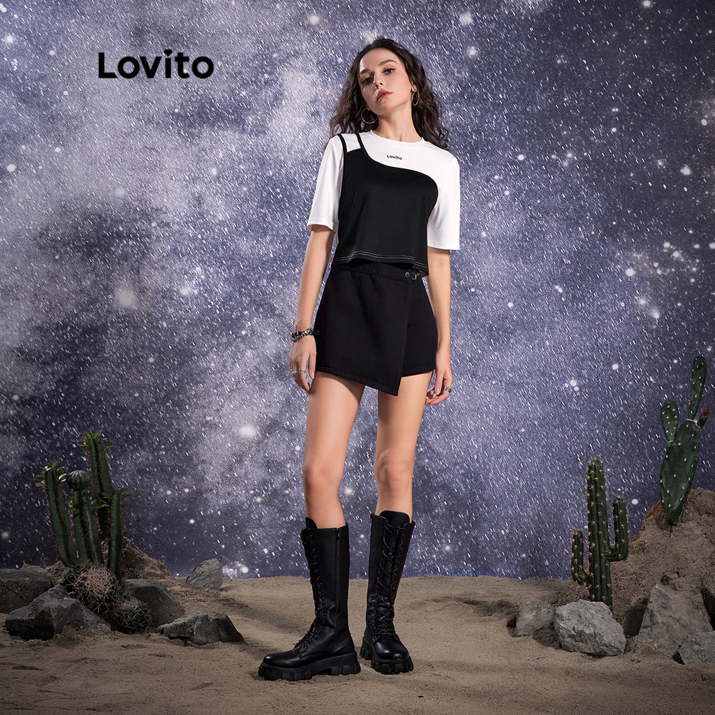 Lovito STAR GIRL Vá vá thường Khâu áo thun nữ cổ tròn L32AE054 (Đen trắng)