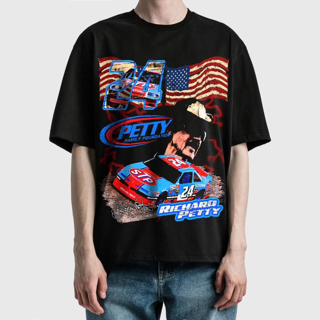 BLANK | Áo Thun PETTY-RACING Tay Lỡ Unisex - Đen/Trắng Cổ Tròn