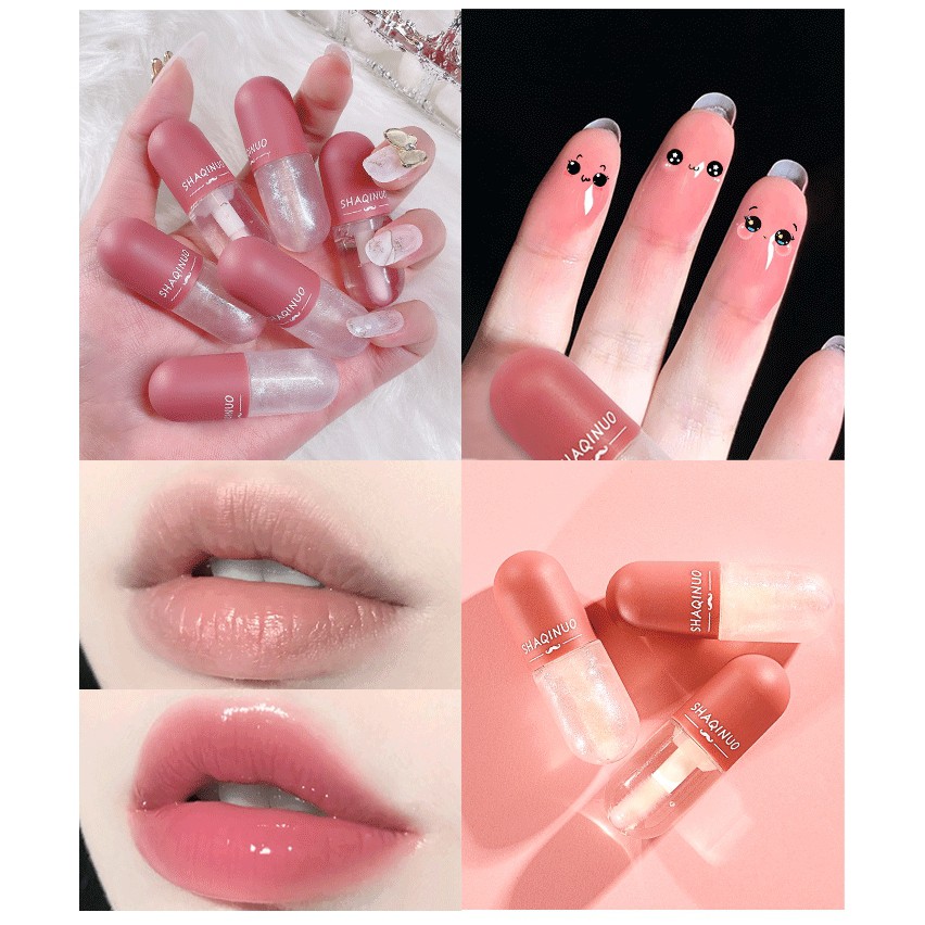 [Hàng mới về] Son bóng trong suốt dưỡng ẩm thay đổi màu sắc hình viên thuốc cỡ nhỏ