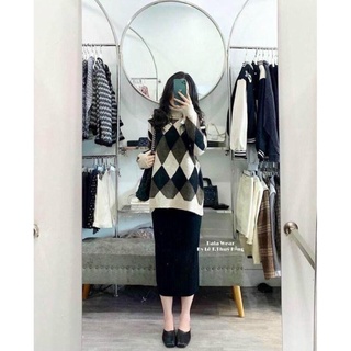Chân váy len midi quảng châu 2 màu đen,be siêu xinh