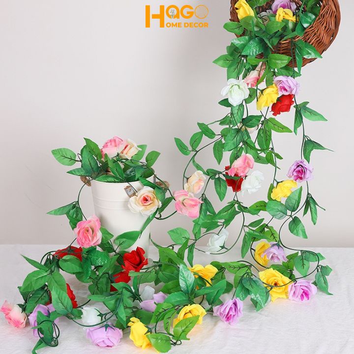 Hoa giả, dây hoa hồng leo dài 2,4m trang trí,decor ban công, tường nhà, nhà hàng, khách sạn, trường học