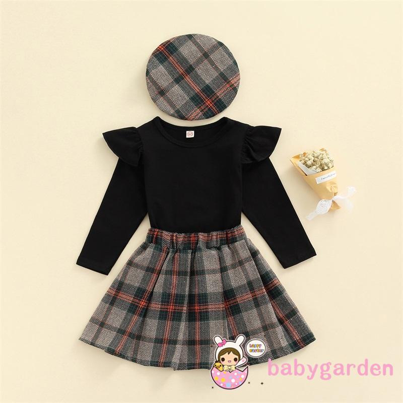 Bộ áo tay dài + chân váy kẻ sọc + mũ thời trang mùa xuân cho bé gái