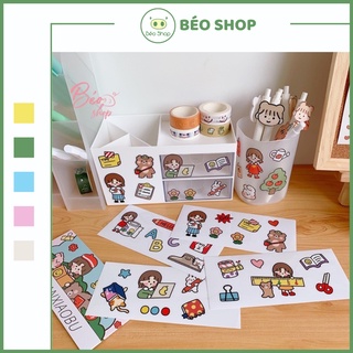 Set 4 tấm sticker cô gái Béo shop in hình hoạ tiết đáng yêu trang trí sổ vở bookmart giấy tập tủ kệ decor bàn học ST05