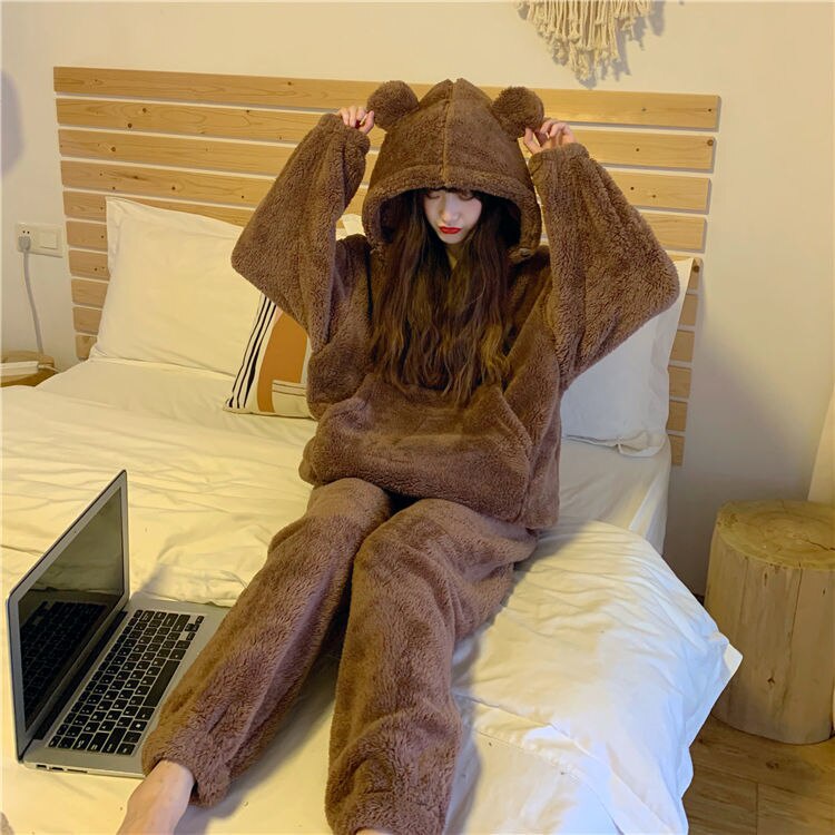 Bộ Ngủ Lông Cừu Mũ Tai Gấu Màu Be Nâu Siêu Xinh, Bộ quần ao ngủ nữ mùa đông ấm áp dày dặn, áo lông nữ - THÔNGTHU | BigBuy360 - bigbuy360.vn