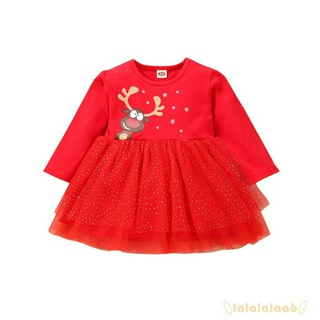 Đầm Công Chúa Tay Dài Cổ Tròn Phối Lưới Hình Tuần Lộc Cho Bé Gái